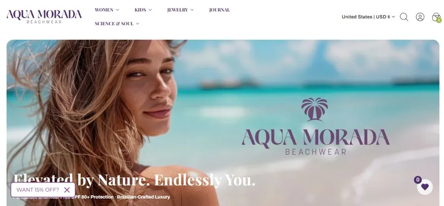 Homepage of the Aqua Morada online store